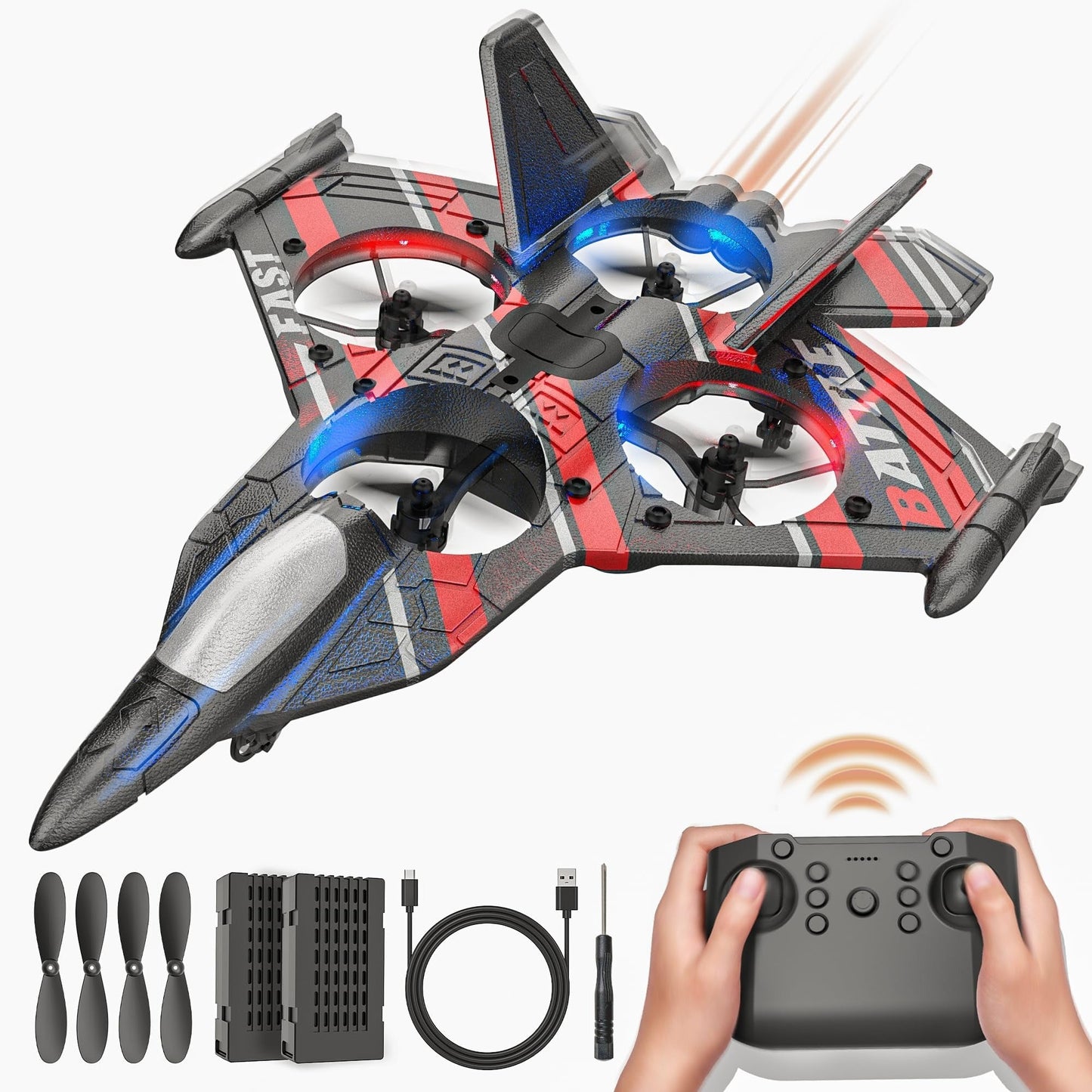 2.4GHZ RC Plane, Remote Control Airplane, RC Helicopter, 360° Flip Fighter Jet Toy, Toys for ages 8-13 with Colorful LED Navigation Lights Red